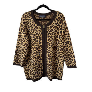 Jones New York Leopard Full Zip Knit‎ Cardigan Women's 2X Boho Chic Luxury Money